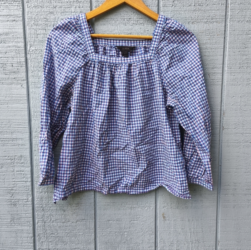 J Crew Plaid Peasant Square Neck Blouse sz S 100% Purple Blue Cottagecore Chic